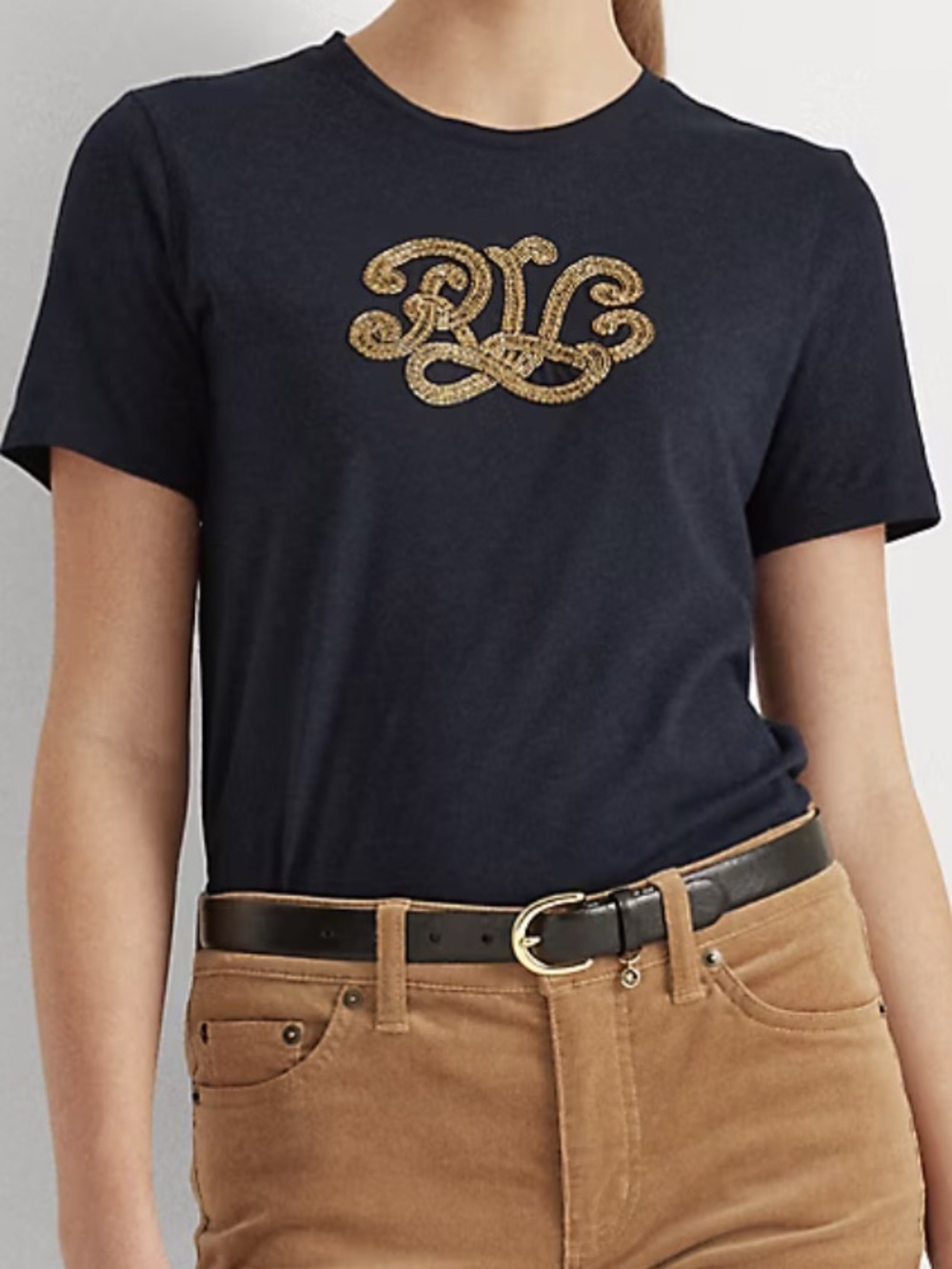 Lauren Ralph Lauren “LRL” Logo Cotton Modal T-Shirt Tee Navy Gold Beaded XL